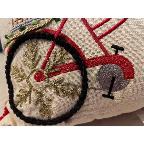 Christmas Throw Pillow With Bicycle & Poinsettia Plant & Tree Embroidered 12x12 - Picture 4 of 8